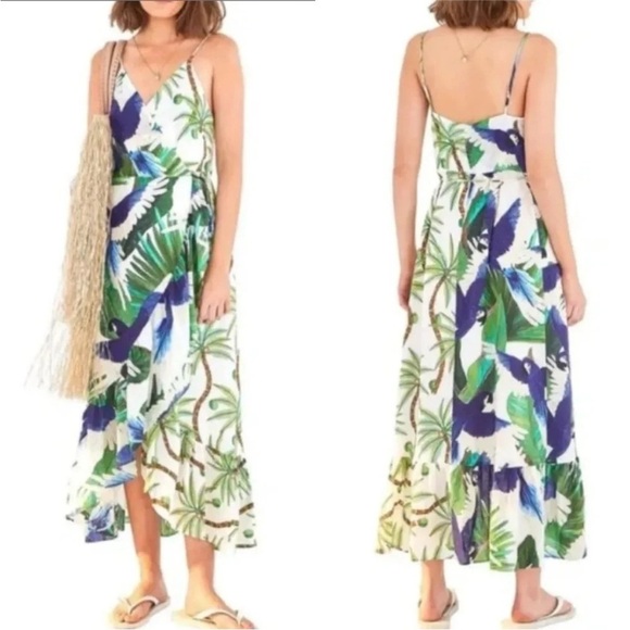 New FARM RIO Mixed Palm Wrap Dress Green White Multi Bohemian Midi Casual NWT XS - Picture 1 of 14